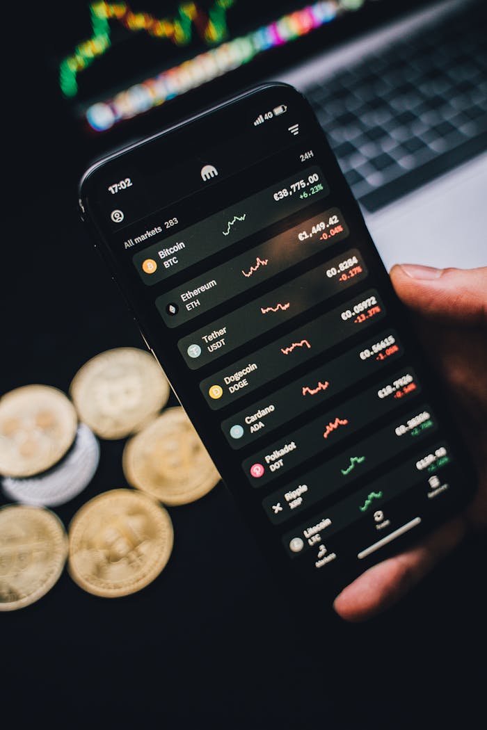 Close-up of a smartphone showing cryptocurrency trends with coins in the background.